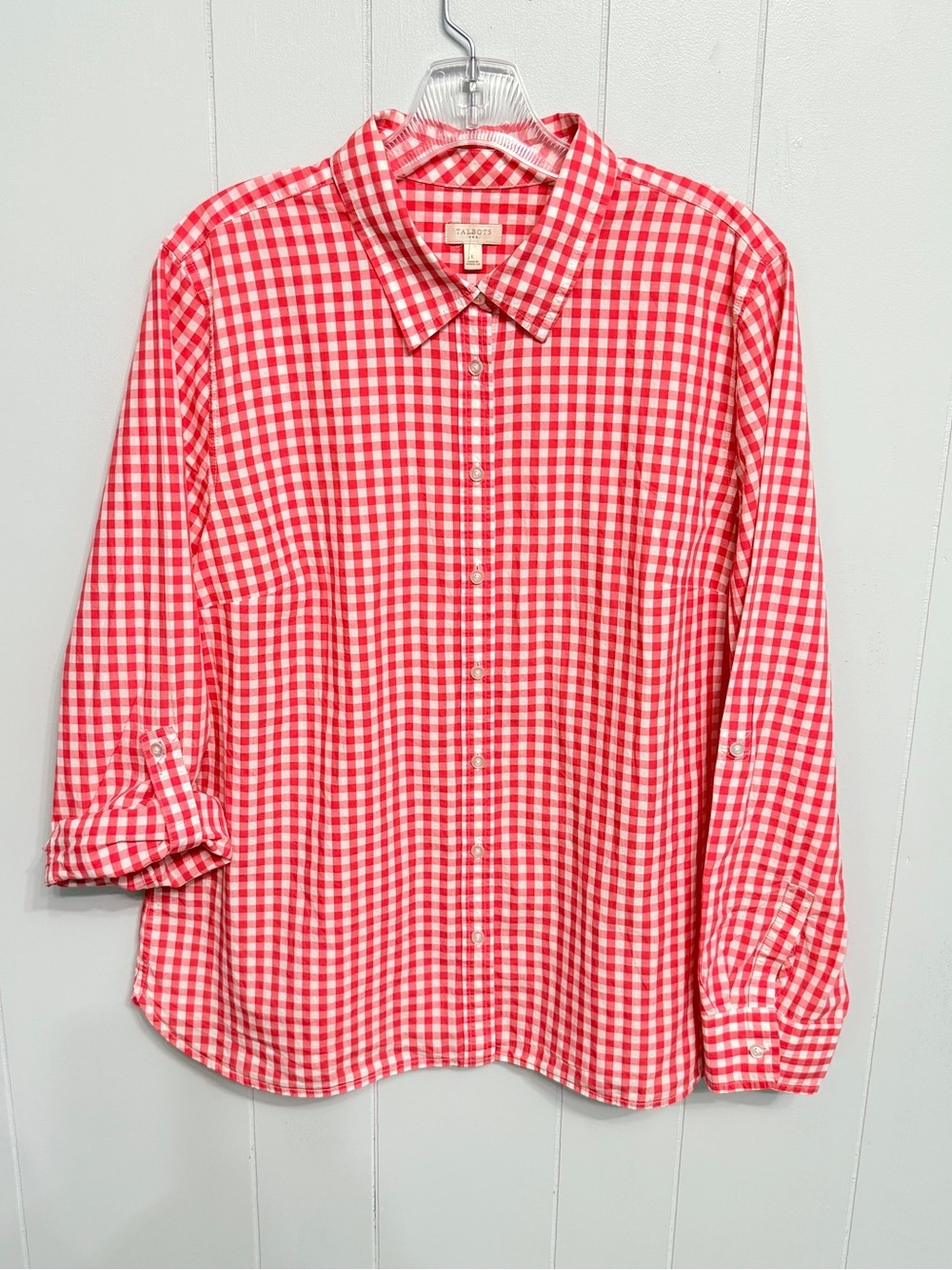 #7) Talbots Cotton Red and White Gingham Button-Down Shirt with Roll Up Sleeve